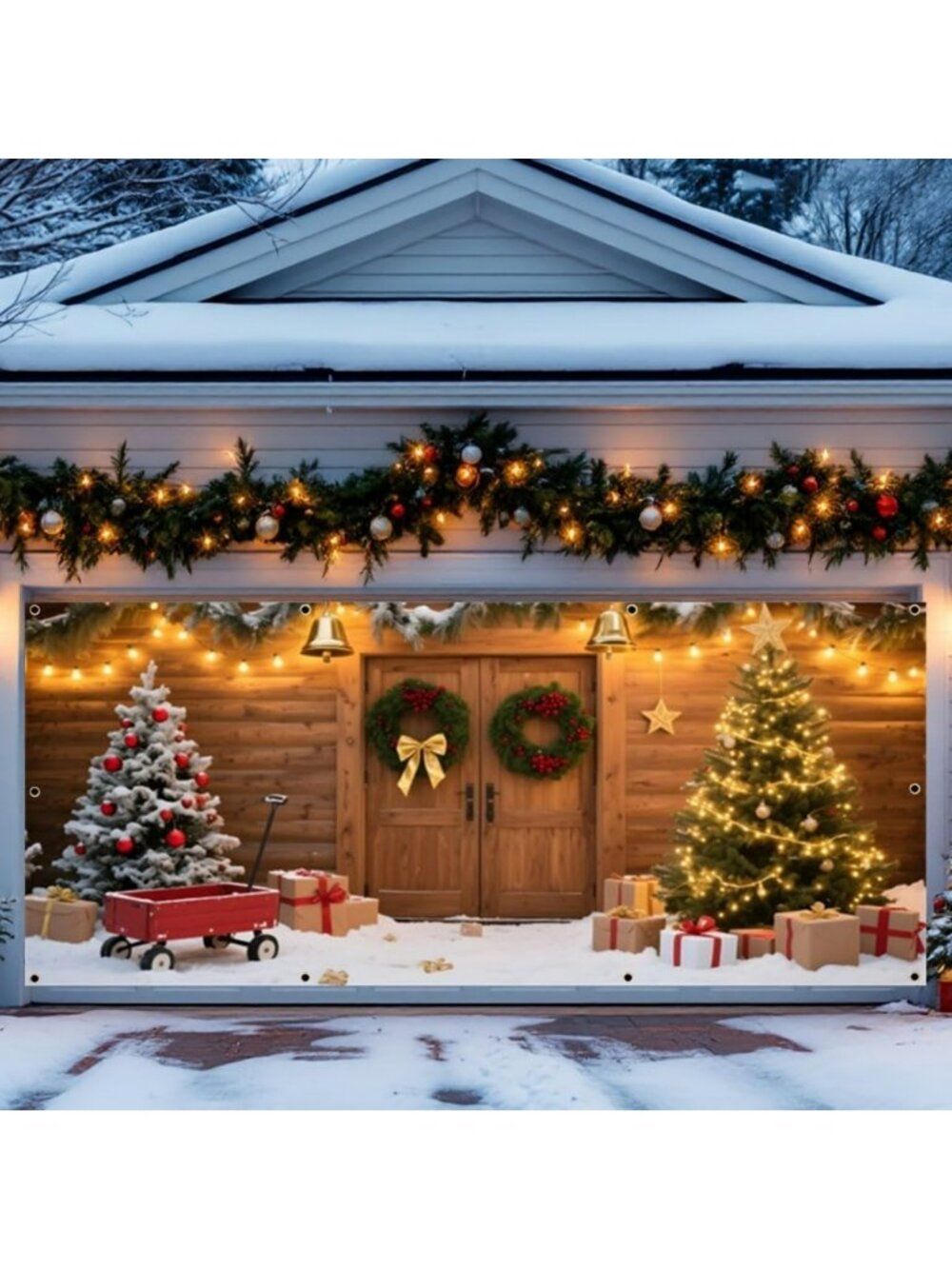 Rustic Glitter Christmas Garage Door Cover 7x16ft - Large Holiday Banner Decor